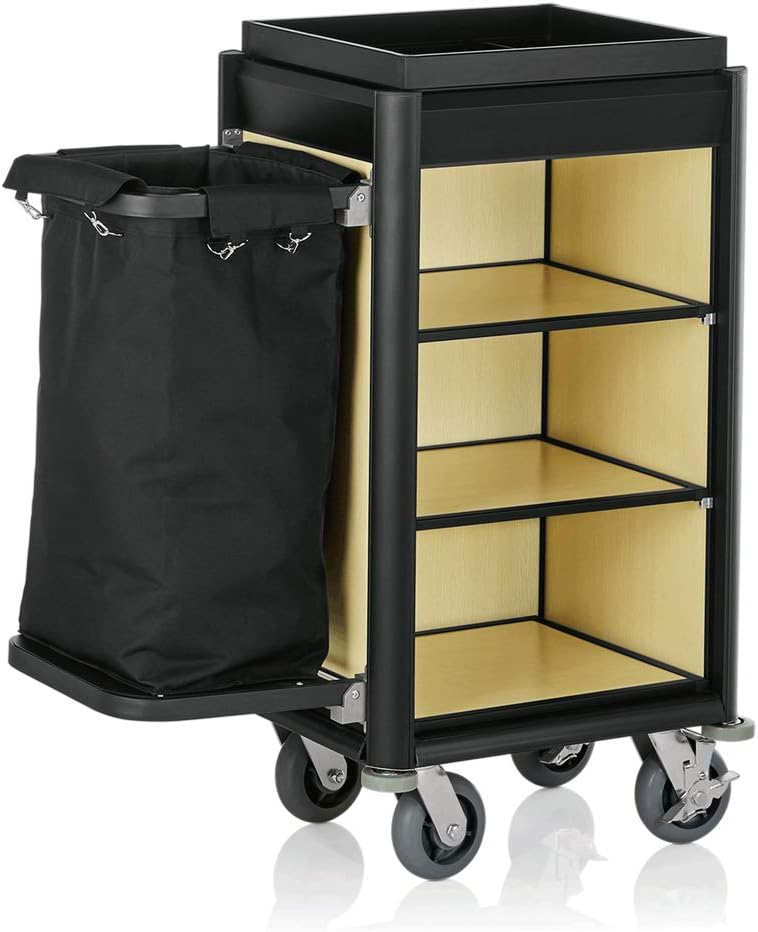 Roomservicevogn, 1 vasketøjspose, sorte kantprofiler og lyst trælook, 95 cm x 53 cm x 116 cm