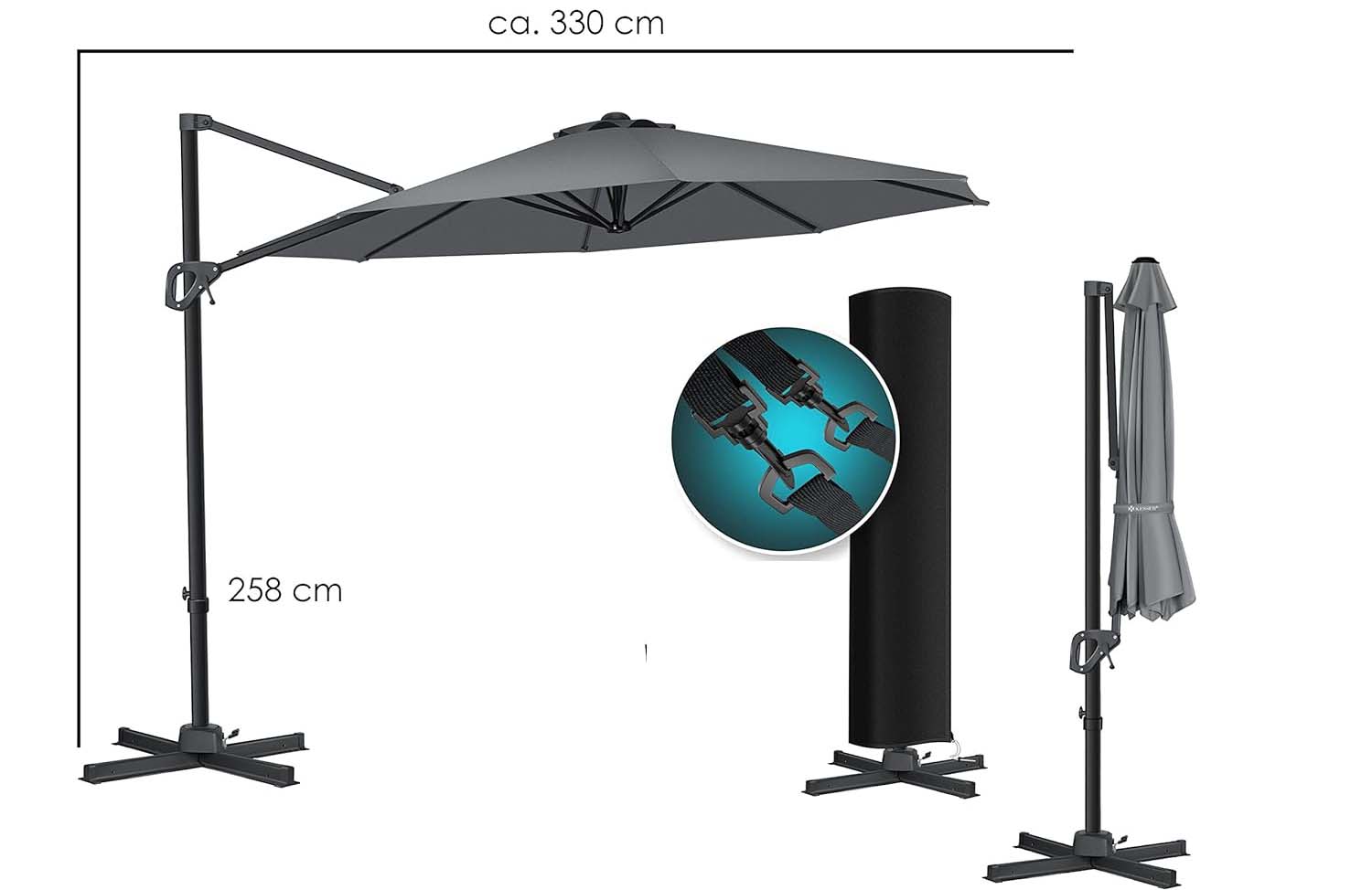 Markedsparasol - Grå - Ø330 - ekstra støtte til fødder inkluderet