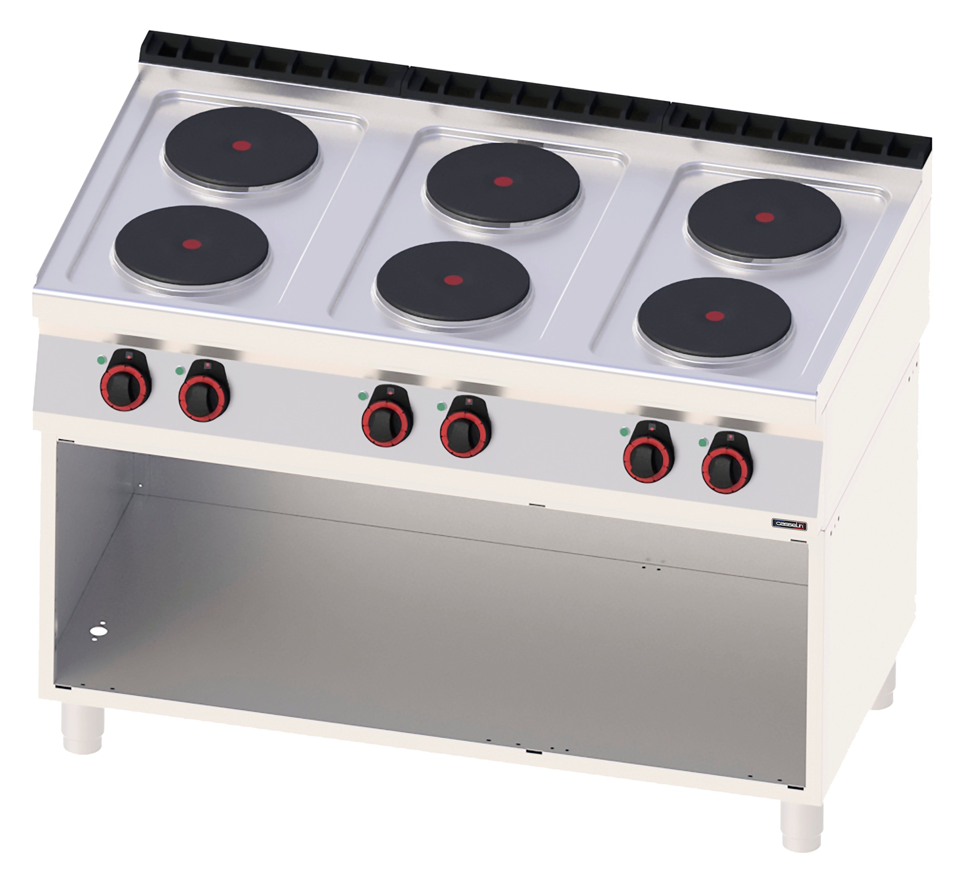 El-komfur 6 brændere med åbent skab 120