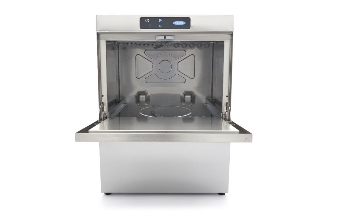 Underbordsopvaskemaskine - 50 x 50 cm - med afløb, afspændingsmiddel og sæbepumper - 400V (På lager igen 7. oktober - forudbestil)