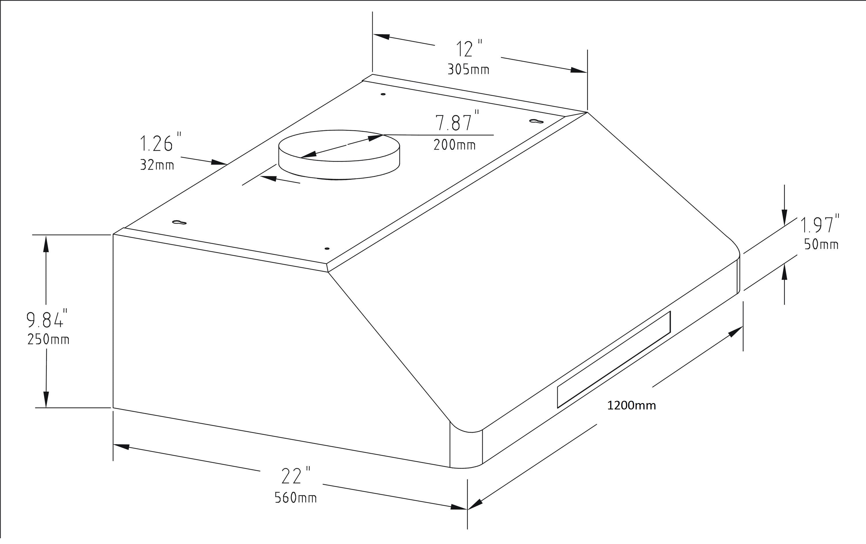 Industriemhætte - vægmonteret m/motor - 120 cm bred - 56 cm dyb