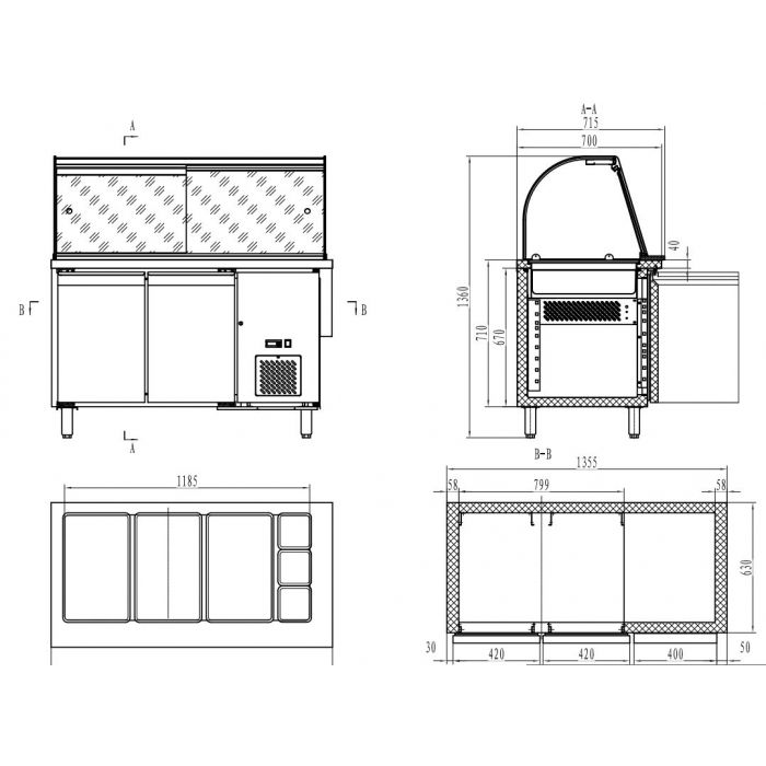 Saladette - 2 låger - 3 X 1/1 GN+ 3 X 1/6 GN