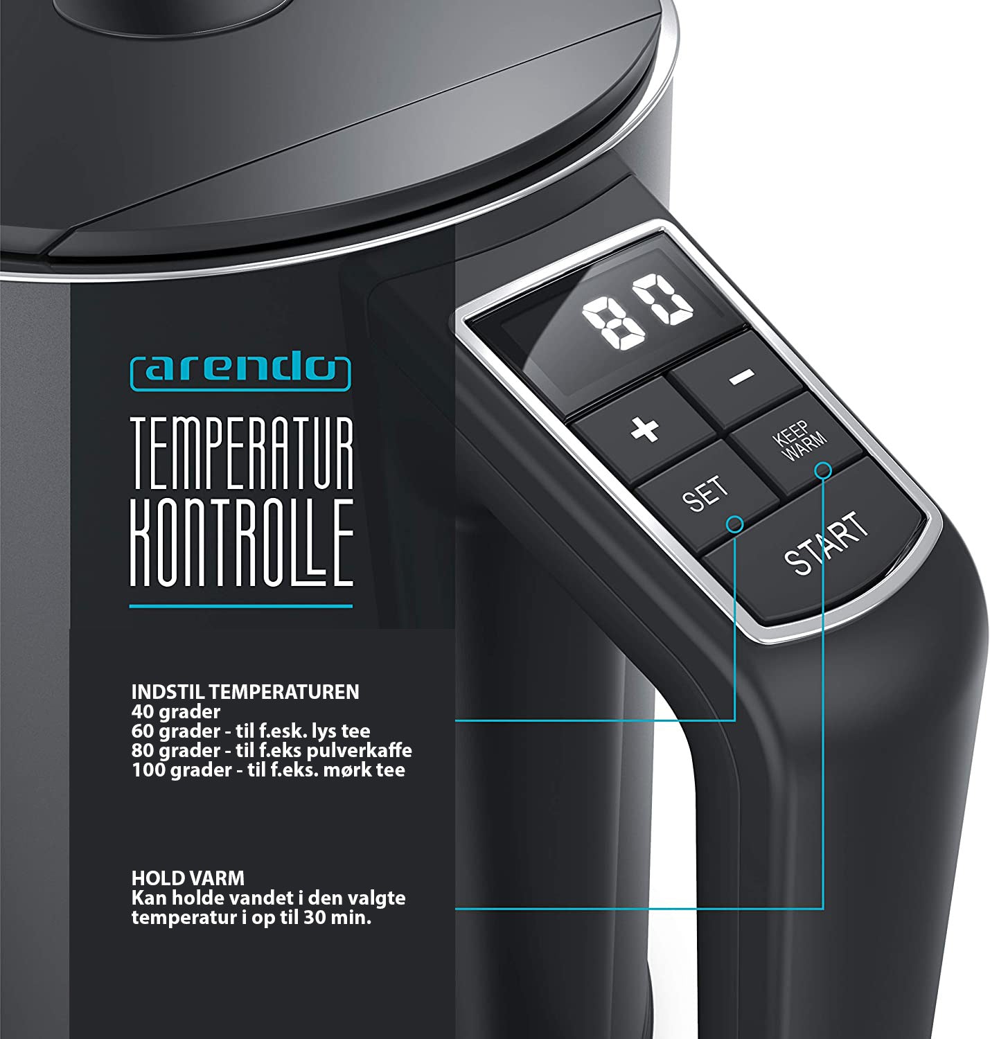 Elkedel - Grå - elektronisk med varmeindstillinger