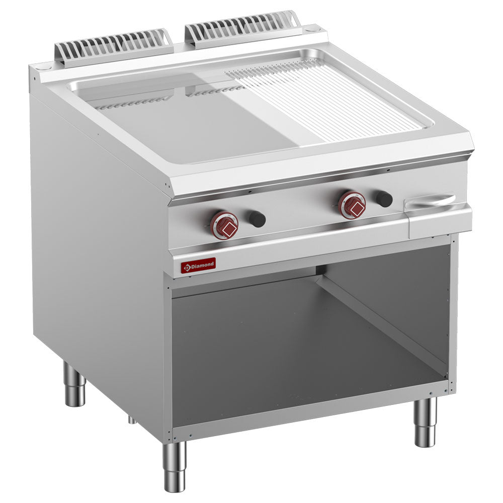 Gas stegeplade 2/3 glat & 1/3 rillet, forkromet, Mod.1/1, åbent skab
