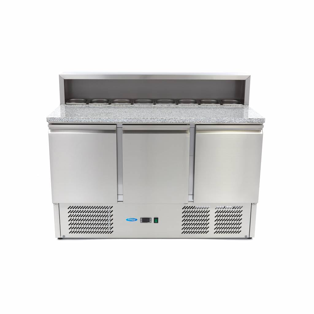 Kølebord / pizzadisk - 137cm - 3 døre - Passer til 8 x 1/6 GN - inkl rustfrit stål låg