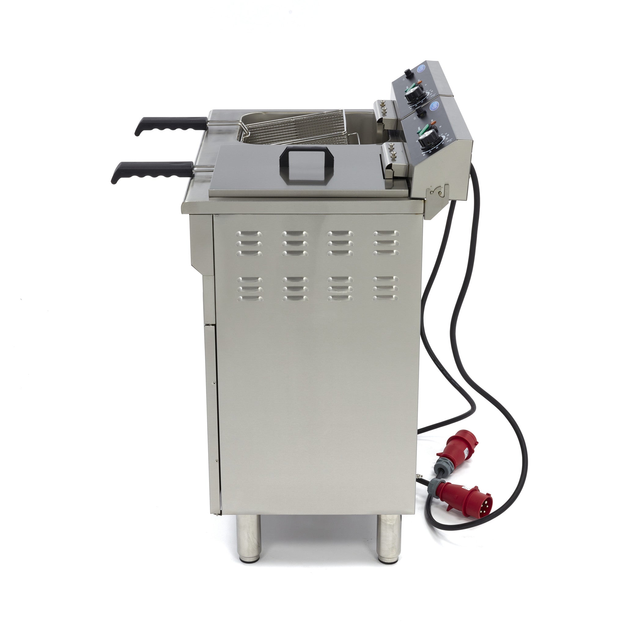 Friture - 2 x 16 Liter - 2 kurve - med aftapningshane og stativ (230 volt) (ingen emballage - skal afhentes, fragt ikke inkluderet)