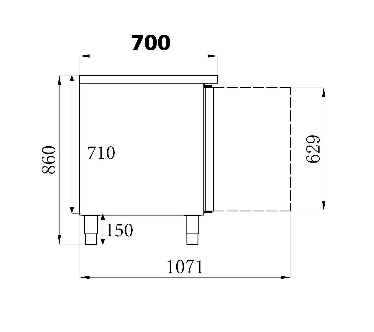Kølebord 2 låger og vask - 700 mm dyb